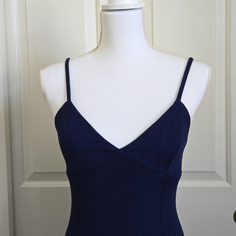Forever 21 Navy Blue Stretch Midi Dress Small | Adjustable Straps, Side Slit - Picture 2 of 8
